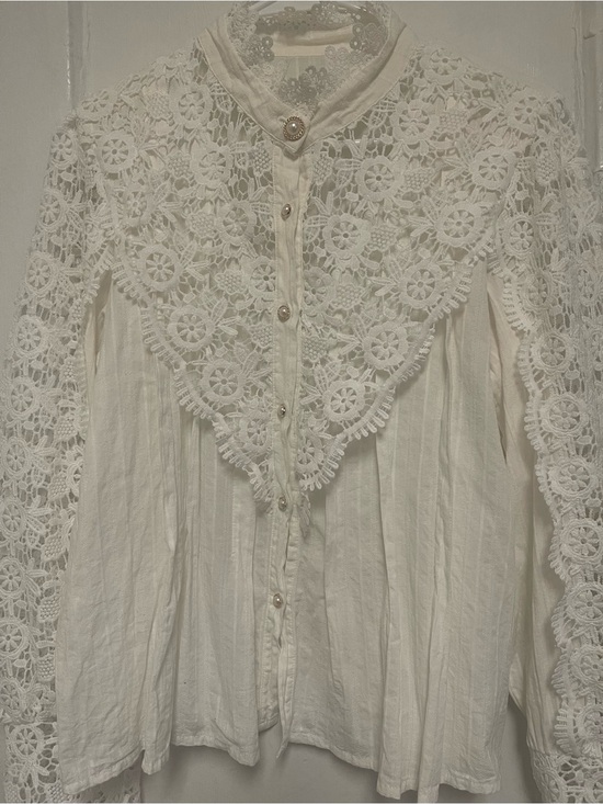 Tops - Women's Ivory Lace Crochet Button-Front Top